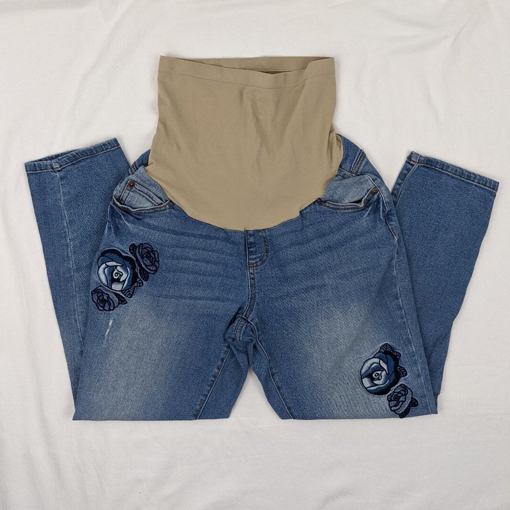 Indigo Blue Embroidered Maternity Jeans Sz L
